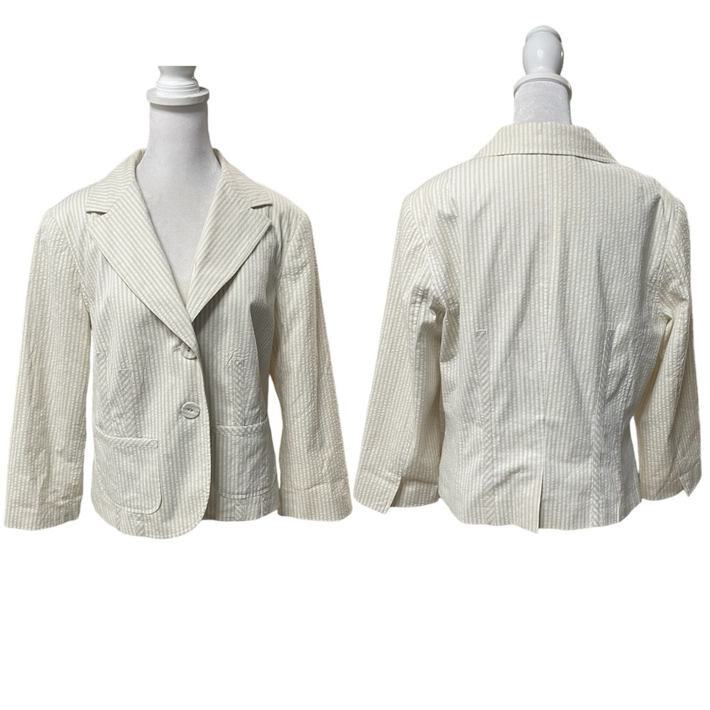 Sigrid Olsen Tan & White Seersucker Stripe 3/4 Sleeve 2 Button Blazer Size 12